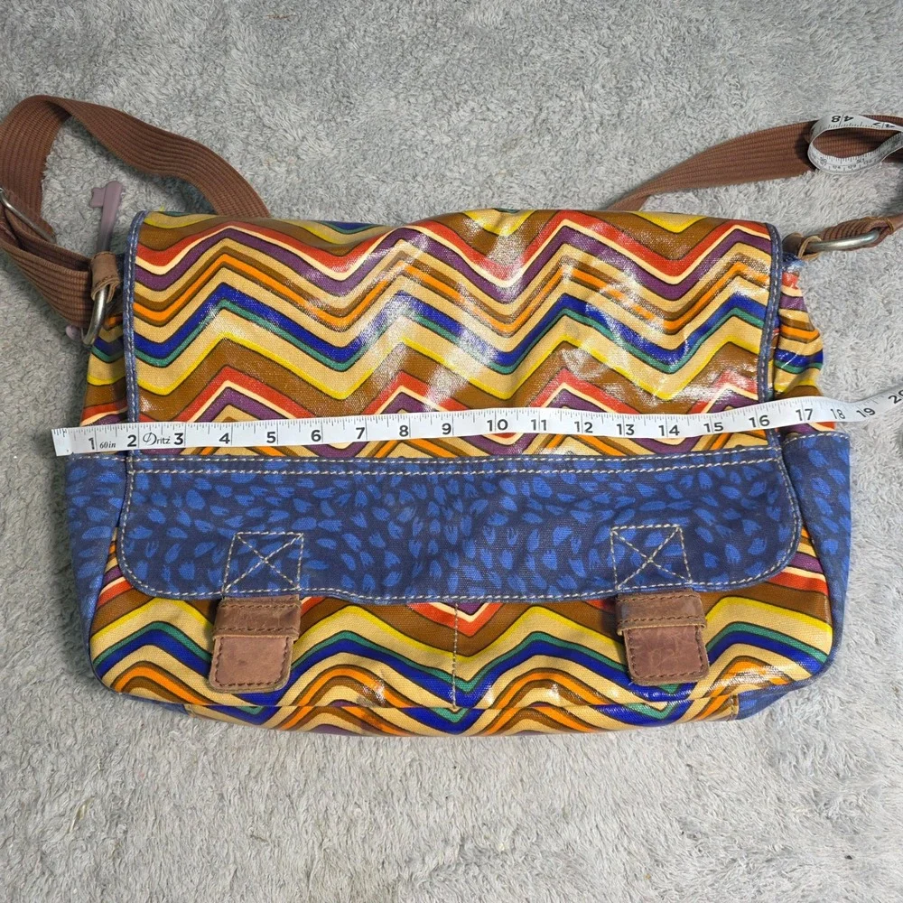 Fossil KeyPer Messenger Laptop Bag Blue Orange Zig Zag‎ Coated Canvas Key Fob